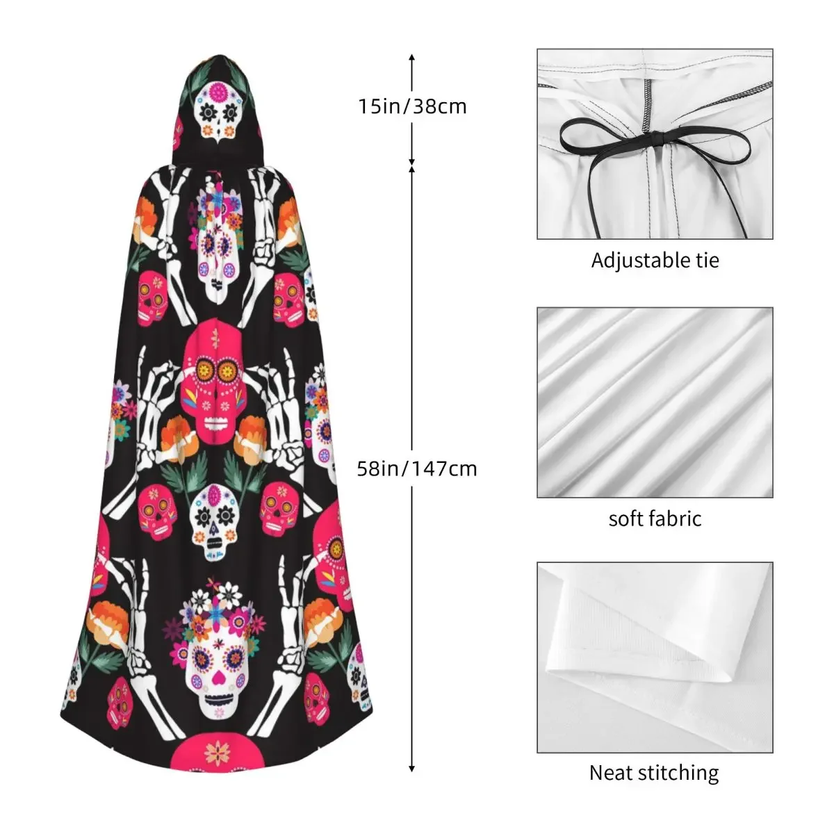 Capa larga con capucha de calaveras y flores de azúcar mexicanos, disfraz Medieval de bruja, capa de Cosplay para Halloween, vampiro, adulto, Unisex