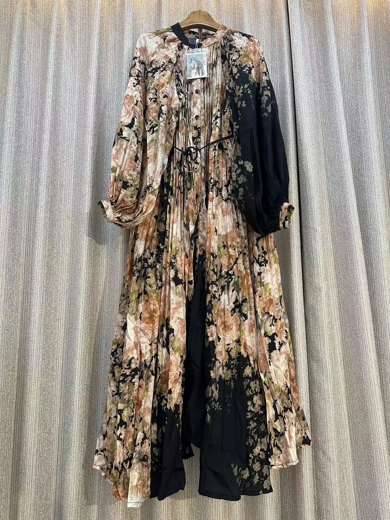 New Boho Patchwork Floral Long Dress For Women Contrast Lantern Sleeve O Neck Drawstring High Waist Pleated Oversize Maxi Dress