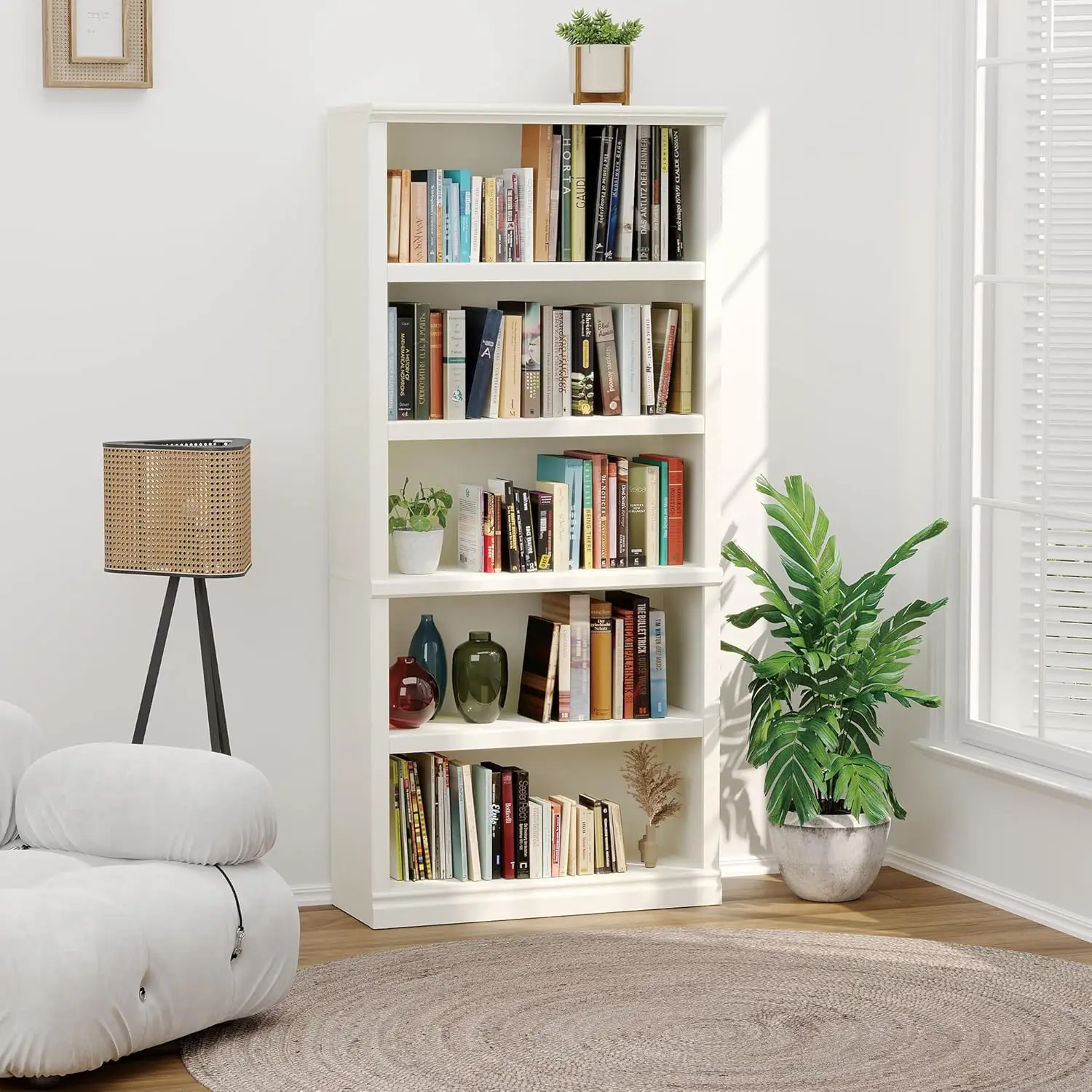 Tall Bookcase, White Bookshelf Open Storage 5 Tier Shelves, 33 inch Wide Floor Standing Bookshelves, Book Case for Home Sc