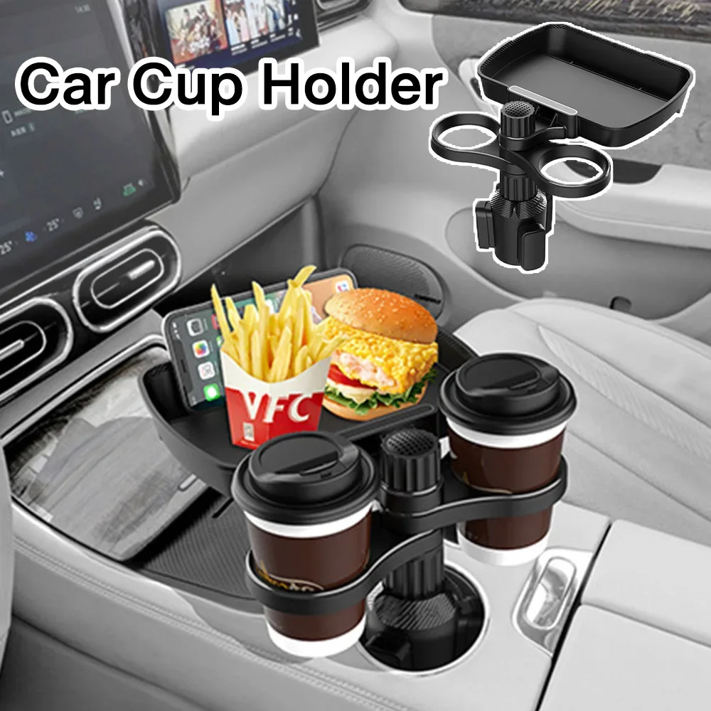 Adjustable Car Cup Holder Tray with Swivel Base 360 Degree Rotating Food Drink Organizer Accessory for Vehicle Interior