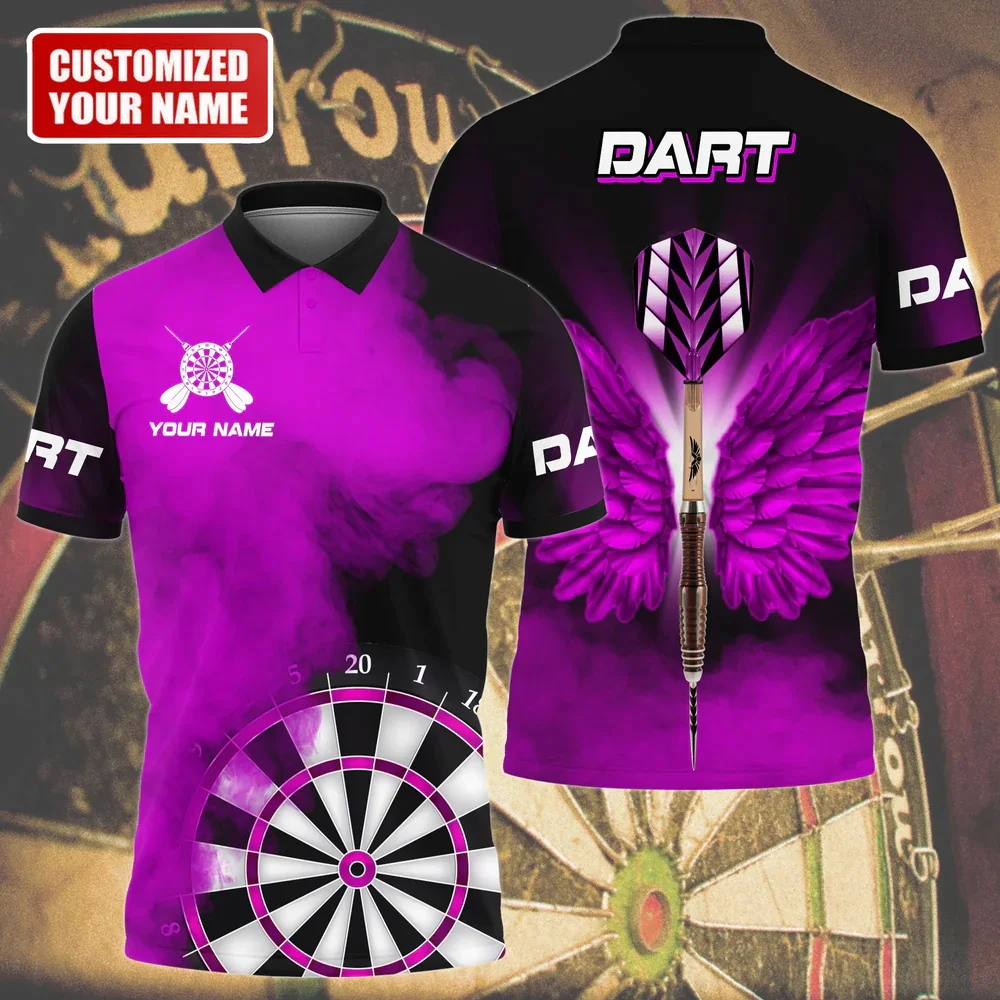 PLstar Cosmos Personalized Name Purple Darts 3D Printed Summer Polo Shirt Unisex Short Sleeve Shirts Gift for Darts Lover POL-40