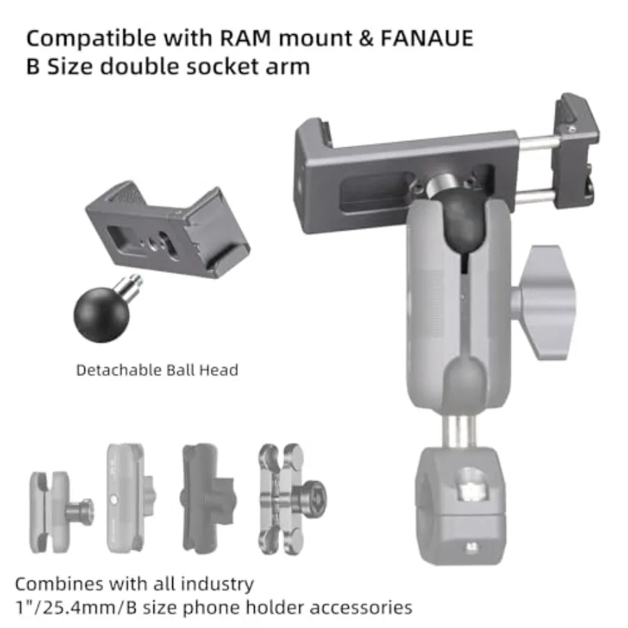Aluminum Phone Holder with 1 Ball Head Adapter Universal RAM Mounts B Size Compatible Double Socket Arm Design for Motor