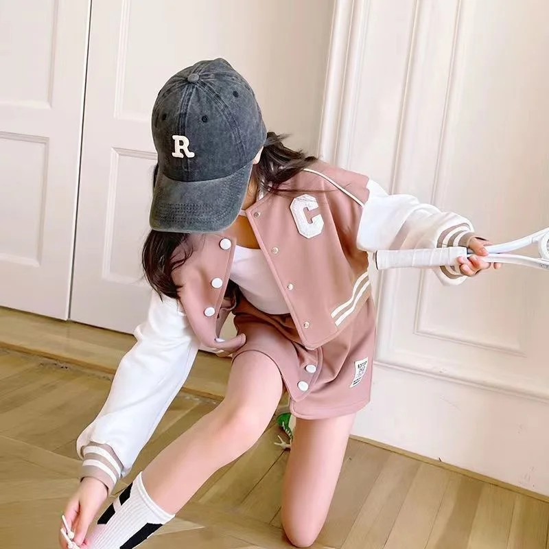 Teens Girls Clothing Sets Autumn Sports Suit Kids Long Sleeved Baseball Jacket Short Skirt 2Pcs Korean Version Girls Tracksuit