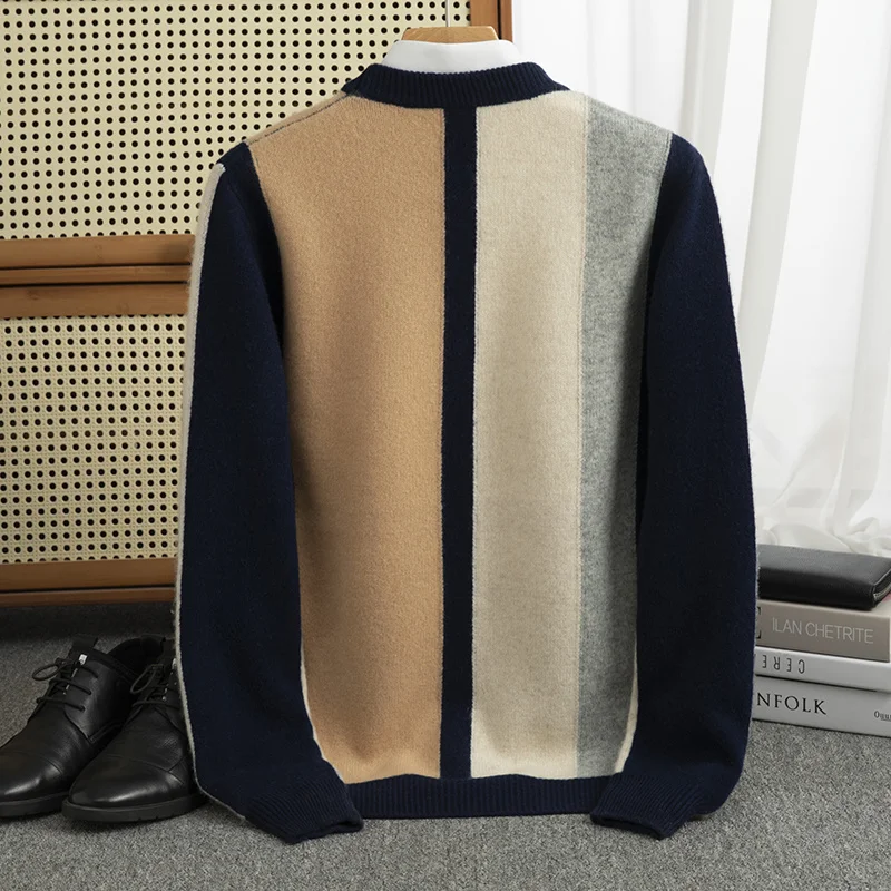 Autumn and winter new 100% pure wool men's round neck thick color matching sweater loose casual cashmere knit bottoming shirt.