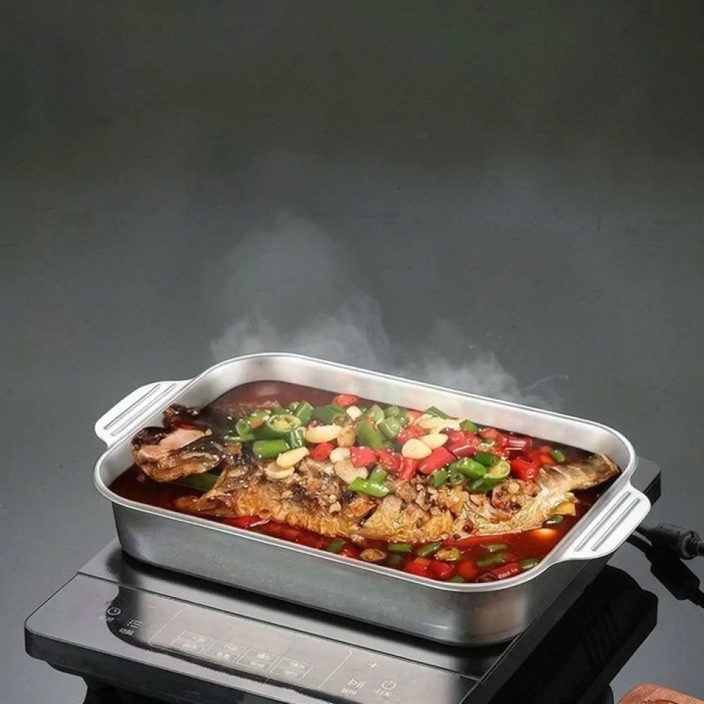 For ChaoYue Stainless Steel Rectangular Grill Pan Deepened Metal Roasting Tray Easy Clean Kitchen Baking Tableware Tool