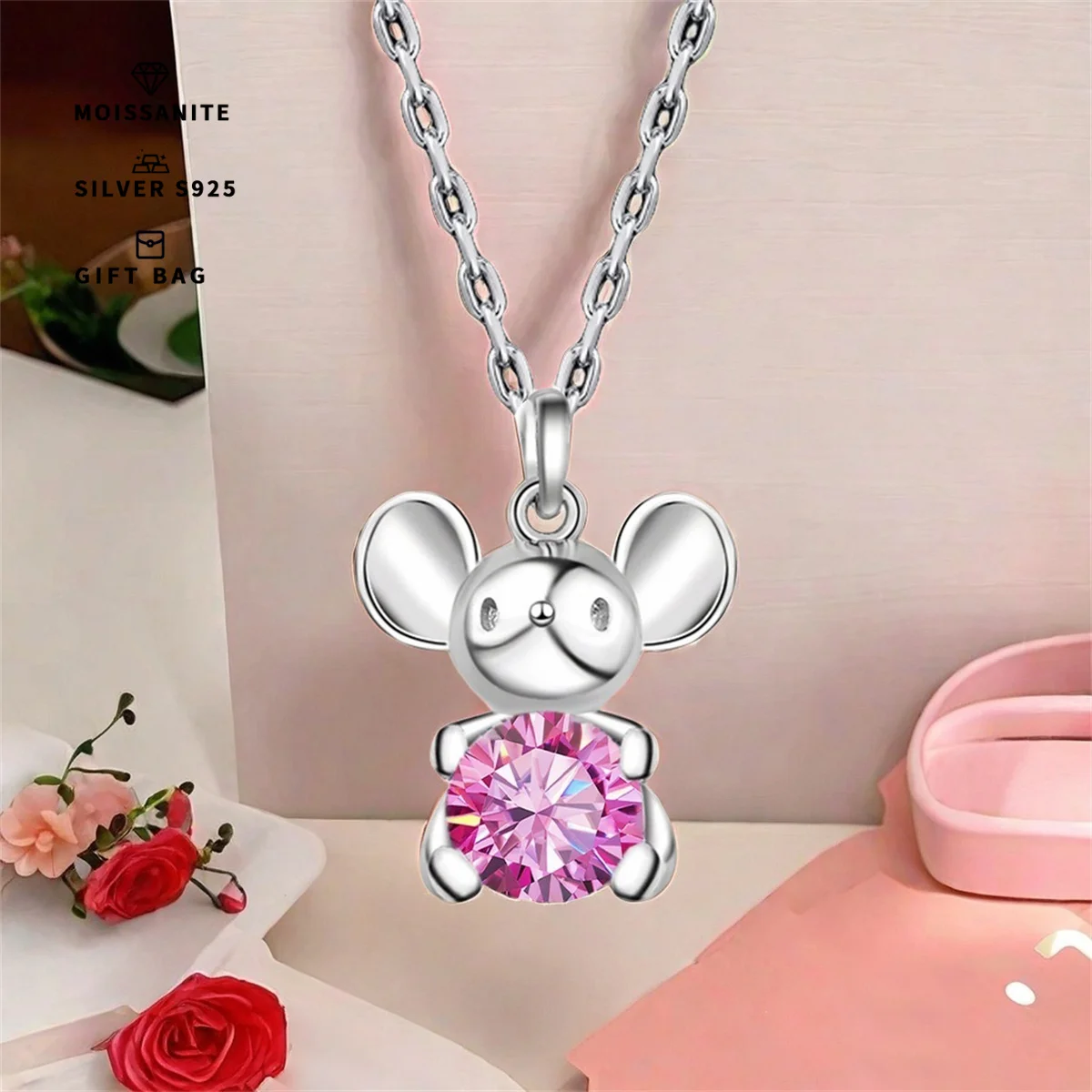 GRA Pink Moissanite S925 silver Platinum plated pendant cute mouse necklace Zodiac clavicle chain fashion plating Platinum