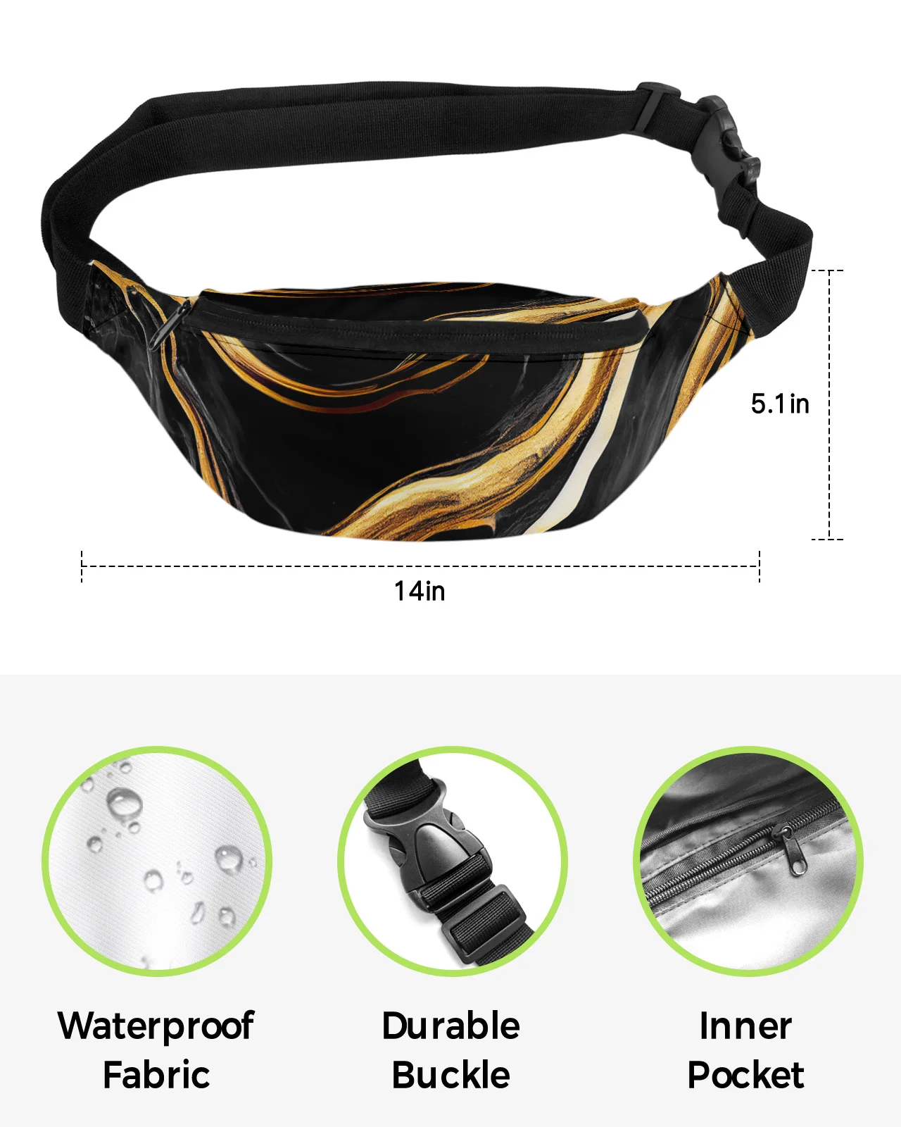 Marble Texture Black Waist Packs for Women Waterproof Outdoor Sports Waist Bag Unisex Crossbody Shoulder Bag