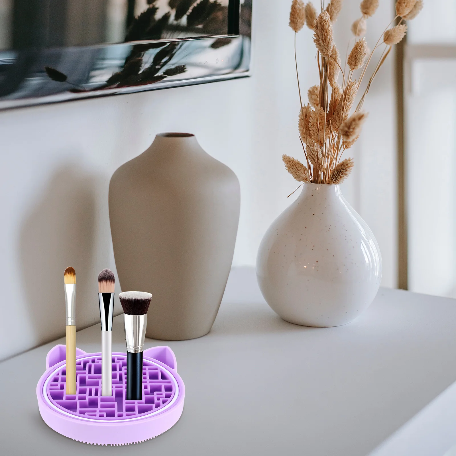 

Makeup Brush Cleaning Mat with Silicone Scrubber and Drying Holder for Thorough Brush Care and Organization