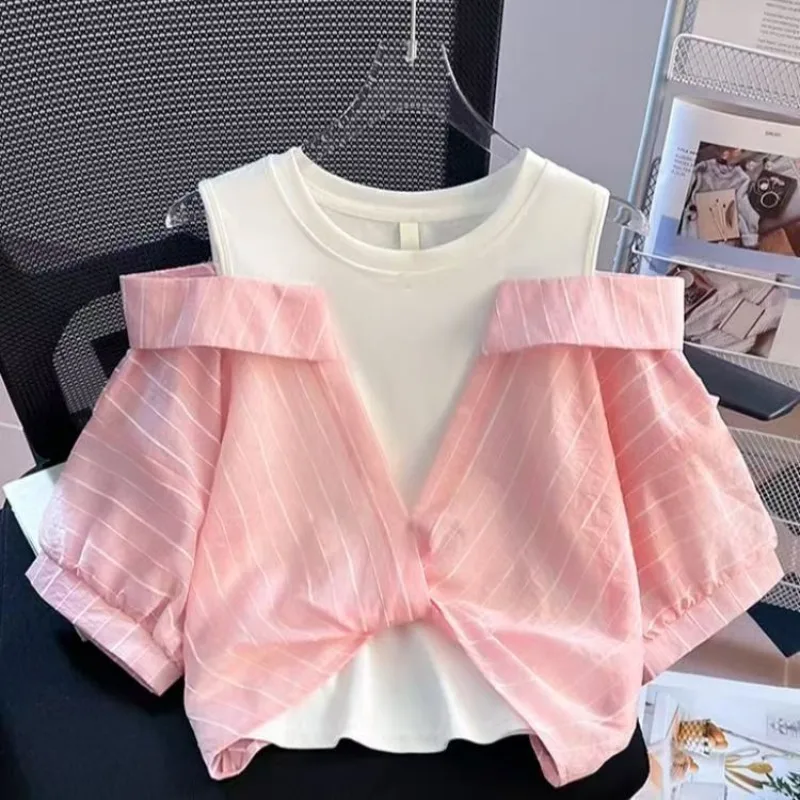 

Fake Two Pieces Short Sleeve Shirts for Women Summer 2025 New Off Shoulder Patchwork Tops Blusas Femininas Elegant Korean Tops