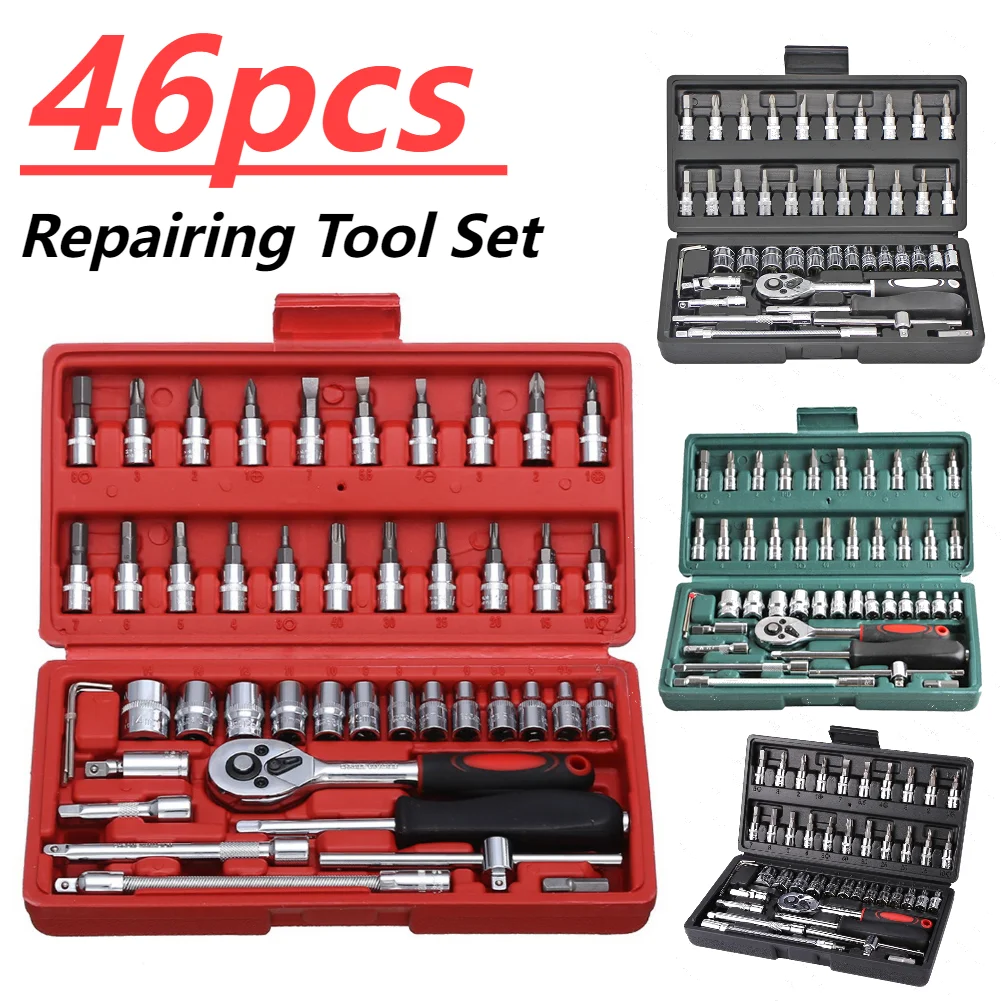 46pcs Car Repair Tool Kit 1/4 Inch Ratchet Wrench Socket Set Car Repair Tool Ratchet Torque Wrench Combo Auto Repairing Tool