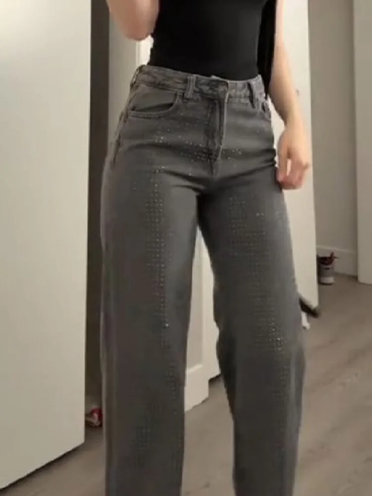 2026 글리터리 루즈핏 스트레이트 데님 팬츠 여성용 스타일리시 하이웨이스트 플로어 길이 레저 바지 신상 하이 스트리트웨어