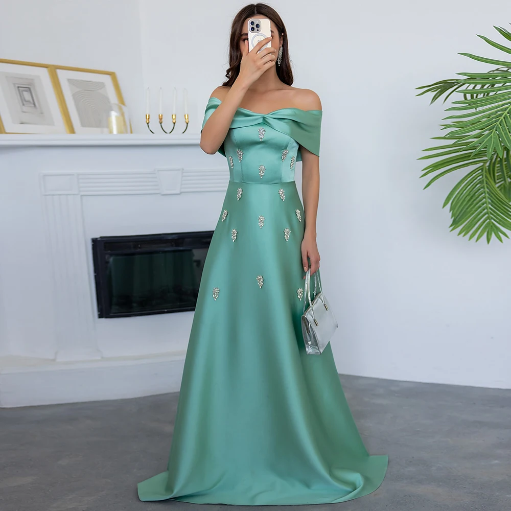 

Luxurious Women's Evening Dresses Satin A-line Party Dress Mint Off-the-shoulder Rhinestones/Crystals Pleat Prom Dress Long 2025