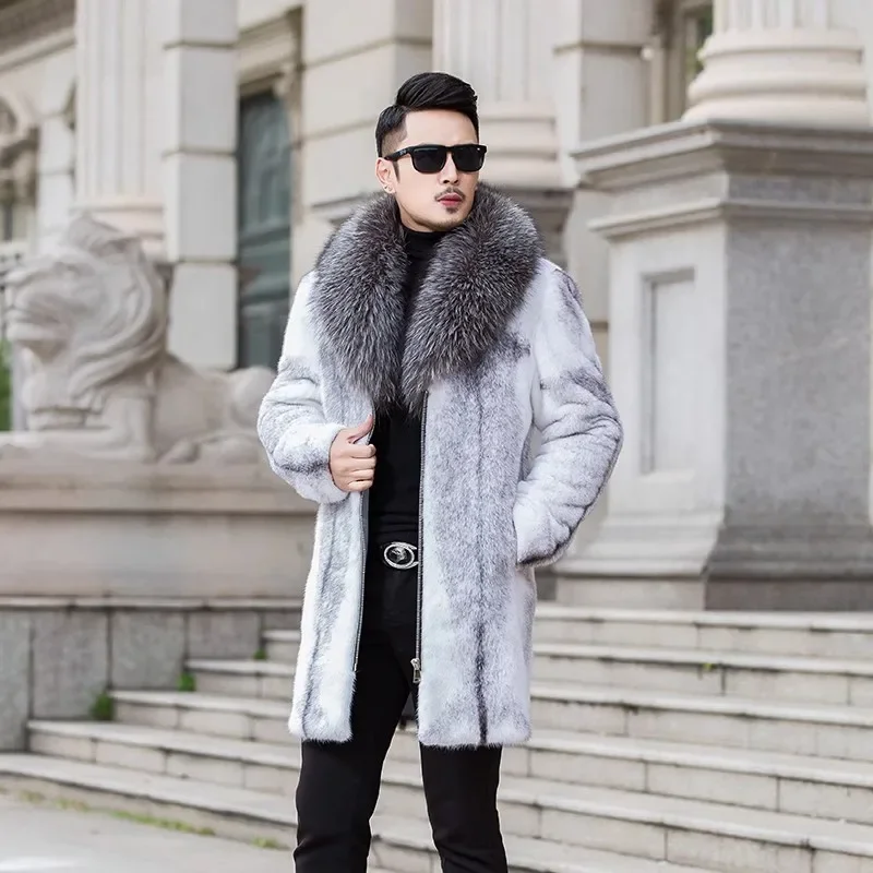 Zipper Men Fur Coat Autumn Winter Thick Faux Fox Jacket Long Sleeve Warm Luxury Fur Black Parkas Furry Shaggy Outerwear