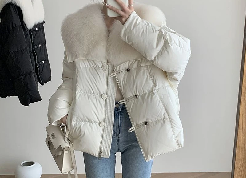 Big Fur Collar Down Cotton Jacket for Women, 2025 Winter Youth Style, Small Jacket