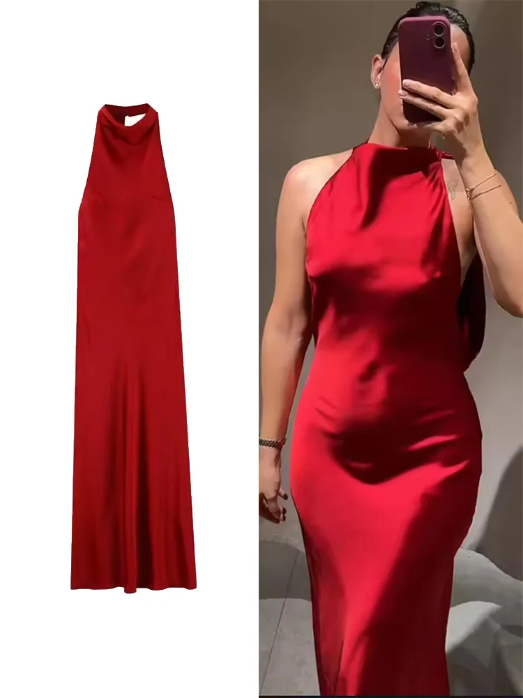 Spring Autumn Women Long Satin Halter Dress Sexy Backless Halter Neck Women's Midi Dress Elegant Side Zip Female Chic Dresse