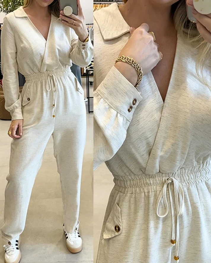 

Women's Jumpsuit Casual Solid Color Lapel V-neck Collar Long Sleeve Shirred Drawstring High Waist Button Pocket Design Jumpsuit