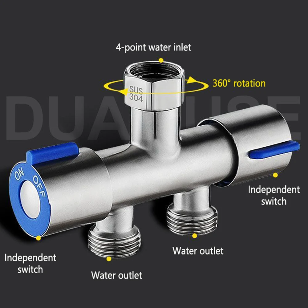 Dual Control Dual Use 3 Way Shower Water Diverter Valve Faucet Filling Angle Valves Washing Machine Bathroom Toilet Accessories