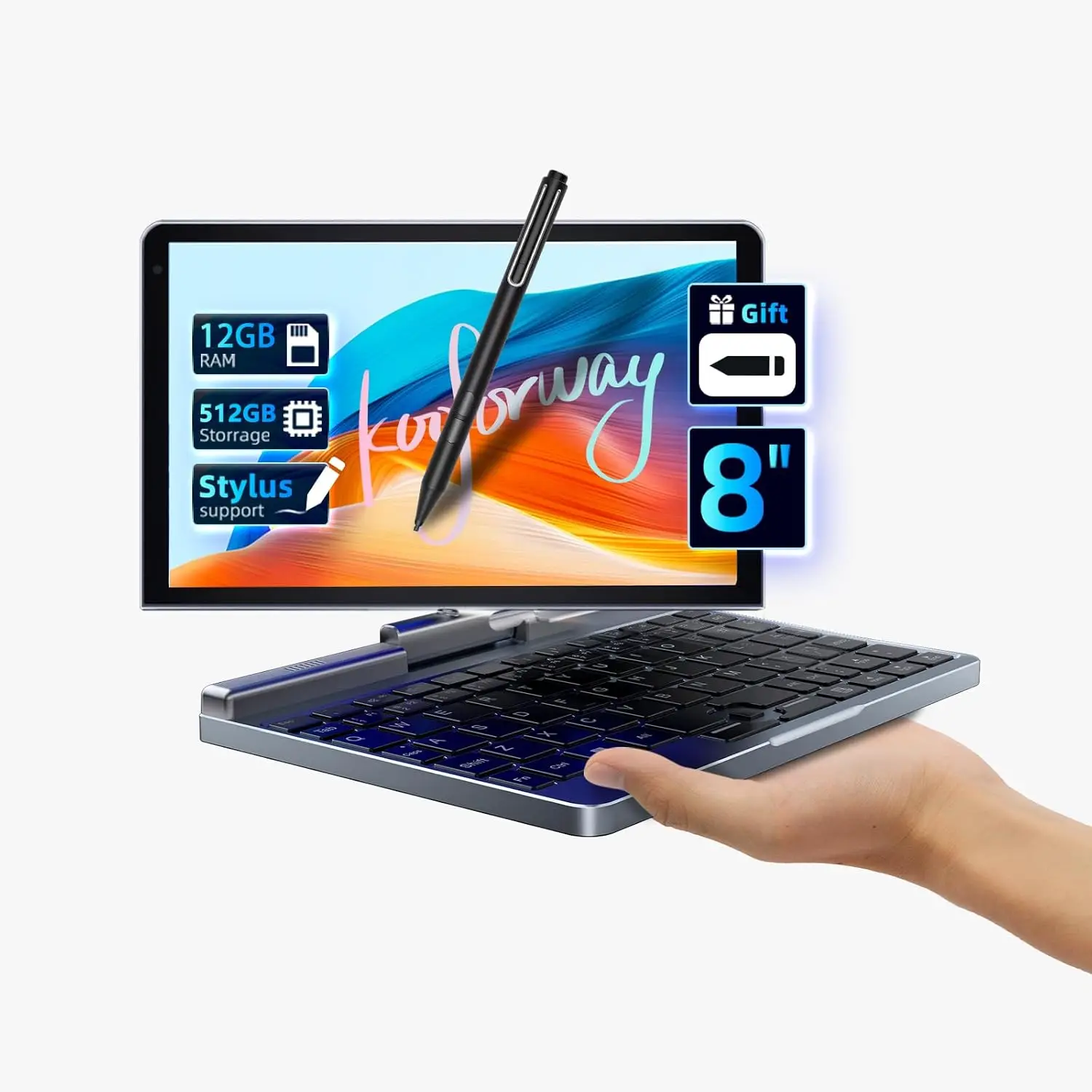 8 Inch 2-in-1 Mini Laptop HD Rotatable Touch Screen Support Handwriting Windows 11 Pro Mini Pc Intel N100 12GB RAM 2 MP Camera