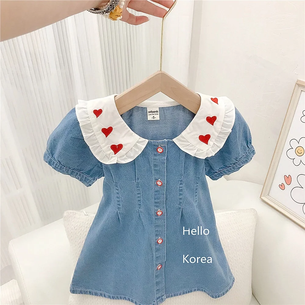 

Cotton Denim Summer Dress for Little Girls 2023 New Style Embroidered Heart Doll Collar Princess Skirt Fashionable Women's Cl...