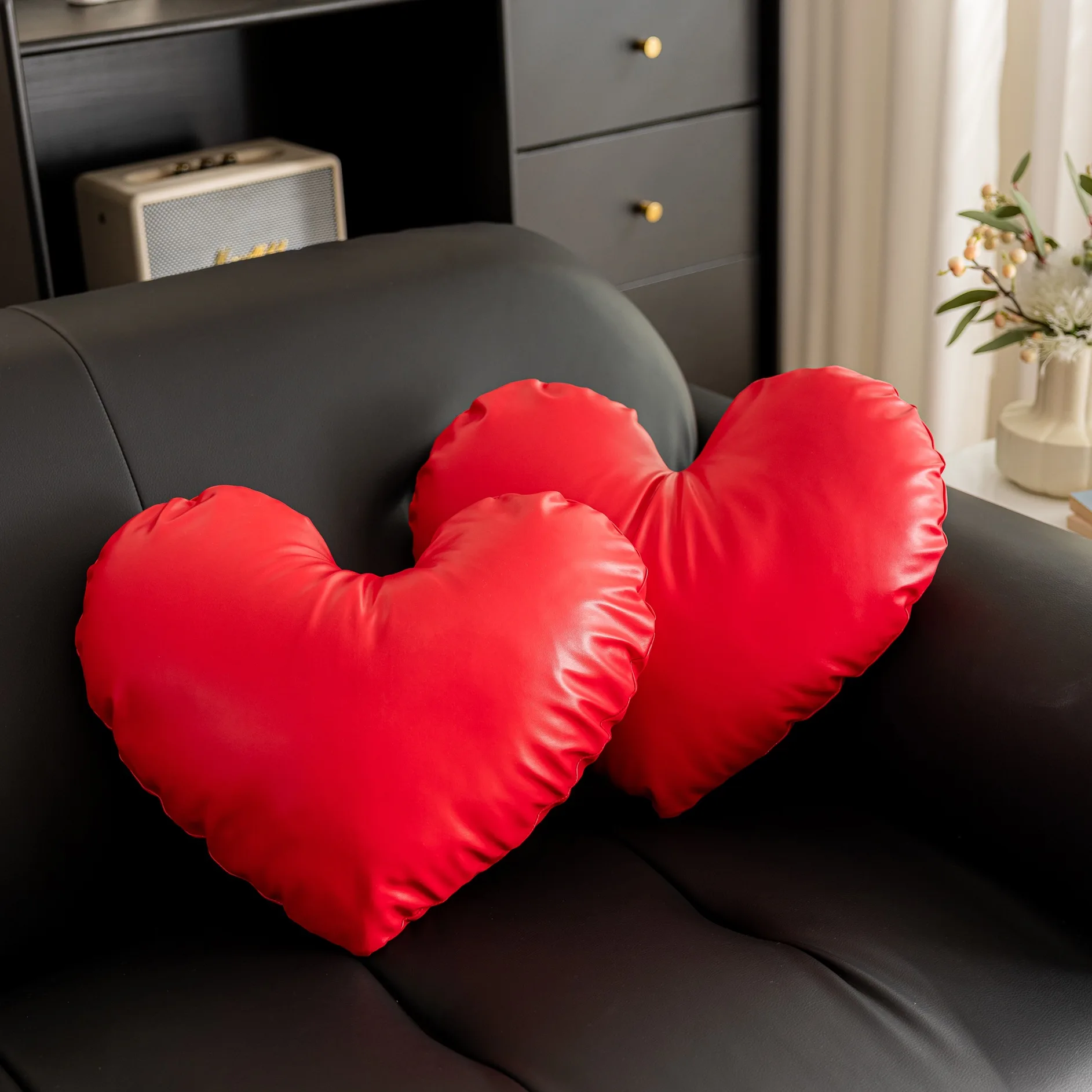 INS Lovely Red Pink Heart Cushion Pillow Baby Girl Room Decoration Faux Leather Pillow Kids Room Baby Shower Wedding Gifts
