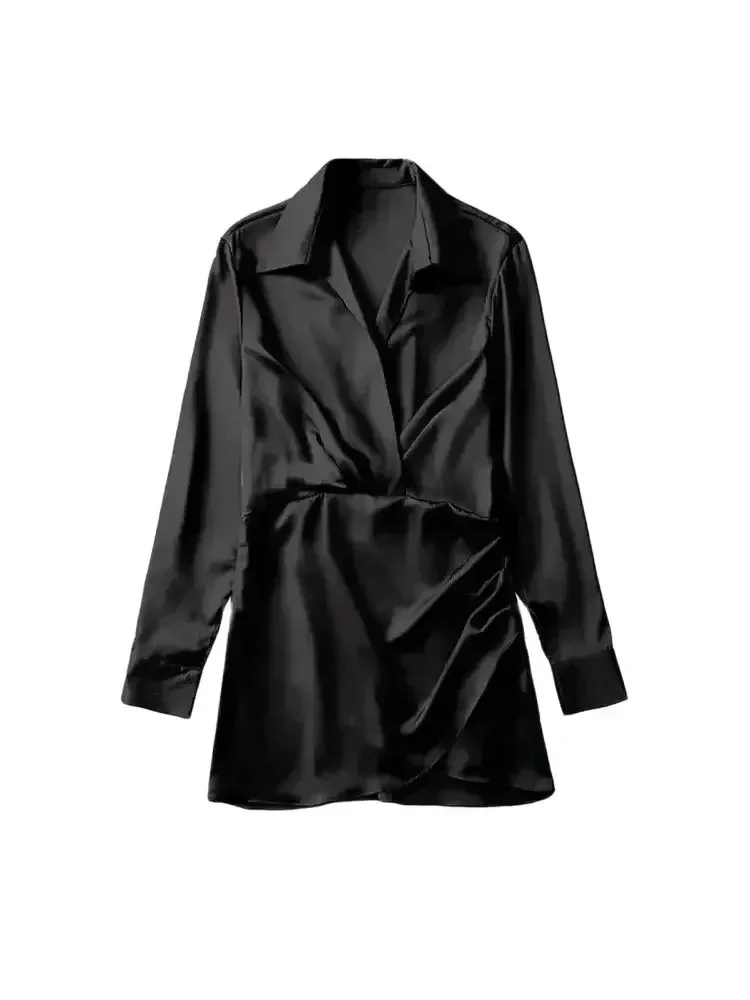 ฤดูร้อนผู้หญิงแฟชั่นรวบรวมซาตินมินิเดรสวินเทจคอวีแขนยาวหญิงVestidos