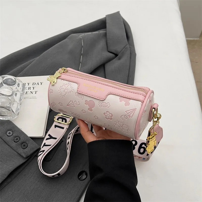 Cute Cartoon Pattern PU Leather Crossobody Bags For Women Barrel Shape Small Shoulder Bag Kawaii Bear Pendant Ladies Handbags