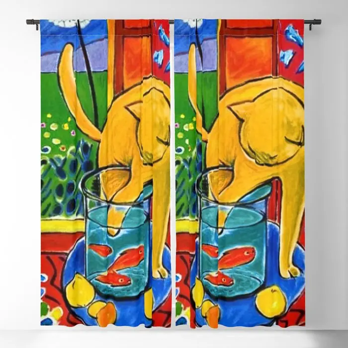 

Cat with Red Fish Still Life Painting Blackout Curtains 3D Print Window Curtains for Bedroom Living Room Decor Window Treatments