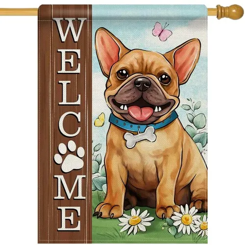 Welcome French Bulldog Dog 28 x 40 House Flag Double Sided, Paw Print Garden ... ZZY