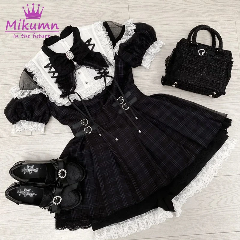 Mikumn Japanischer Gothic-Lolita-Stil Vintage Kariertes Minikleid Damen Y2k Ästhetik Schwarze Schleife Spitzenbesatz Puffärmel Schlanke Kleider