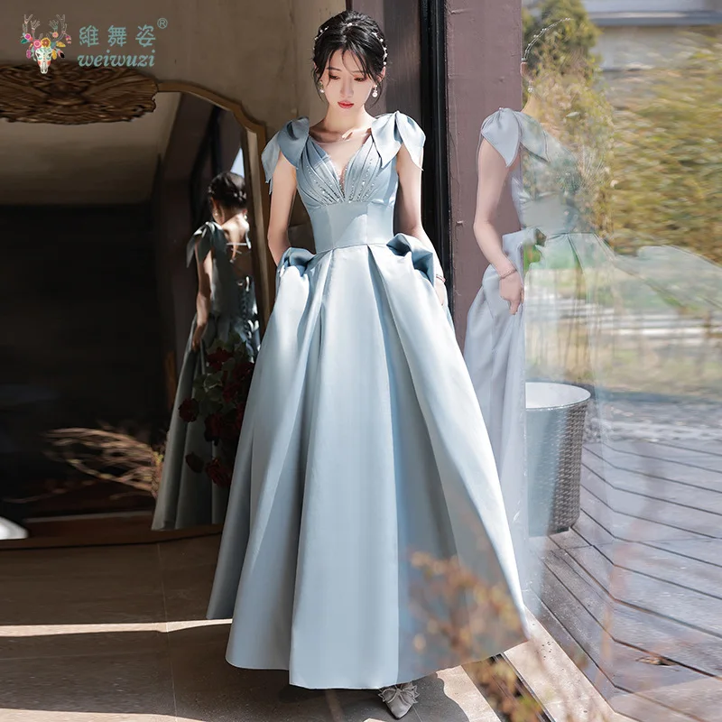 

French Blue Satin V-neck Waist Cinched Backless Quinceanera Dresses with Elegant Temperament and Artistic Examination Clothing