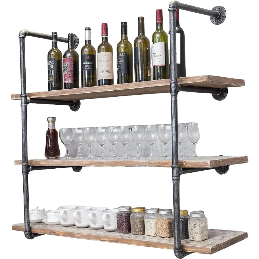 

3 level Wall Mounted Iron Floating Pipe Shelves Racks Storage Bookcases DIY Open Bookshelves Shelving for Kitchen Office Retro