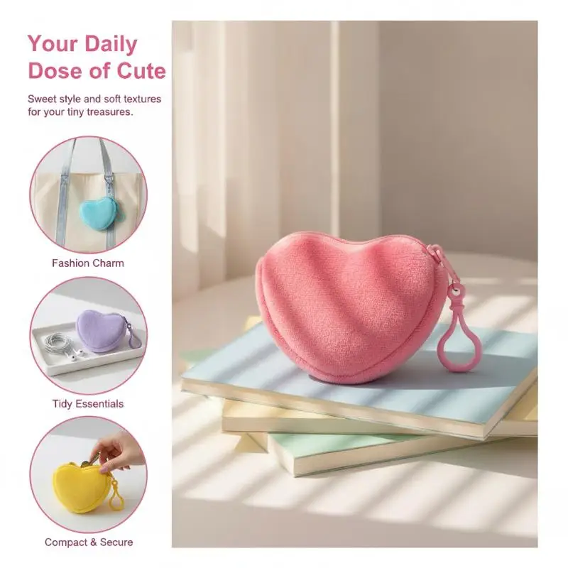 Solid Plush Heart Coin Purse Women's Cute Wallet ID Card Bag Keychain Minimalist Coin Bag Kawaii Wallets For Women Gift