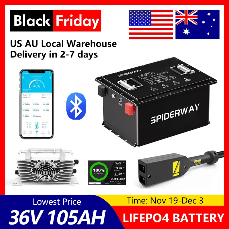 

Черный литиевый аккумулятор LiFePO4 для тележки для гольфа 36 В (38,4) 105 Ач с интеллектуальным зарядным устройством 25 А, 200 А, BMS 6000+, максимальный цикл. 7,68 кВт 10 лет