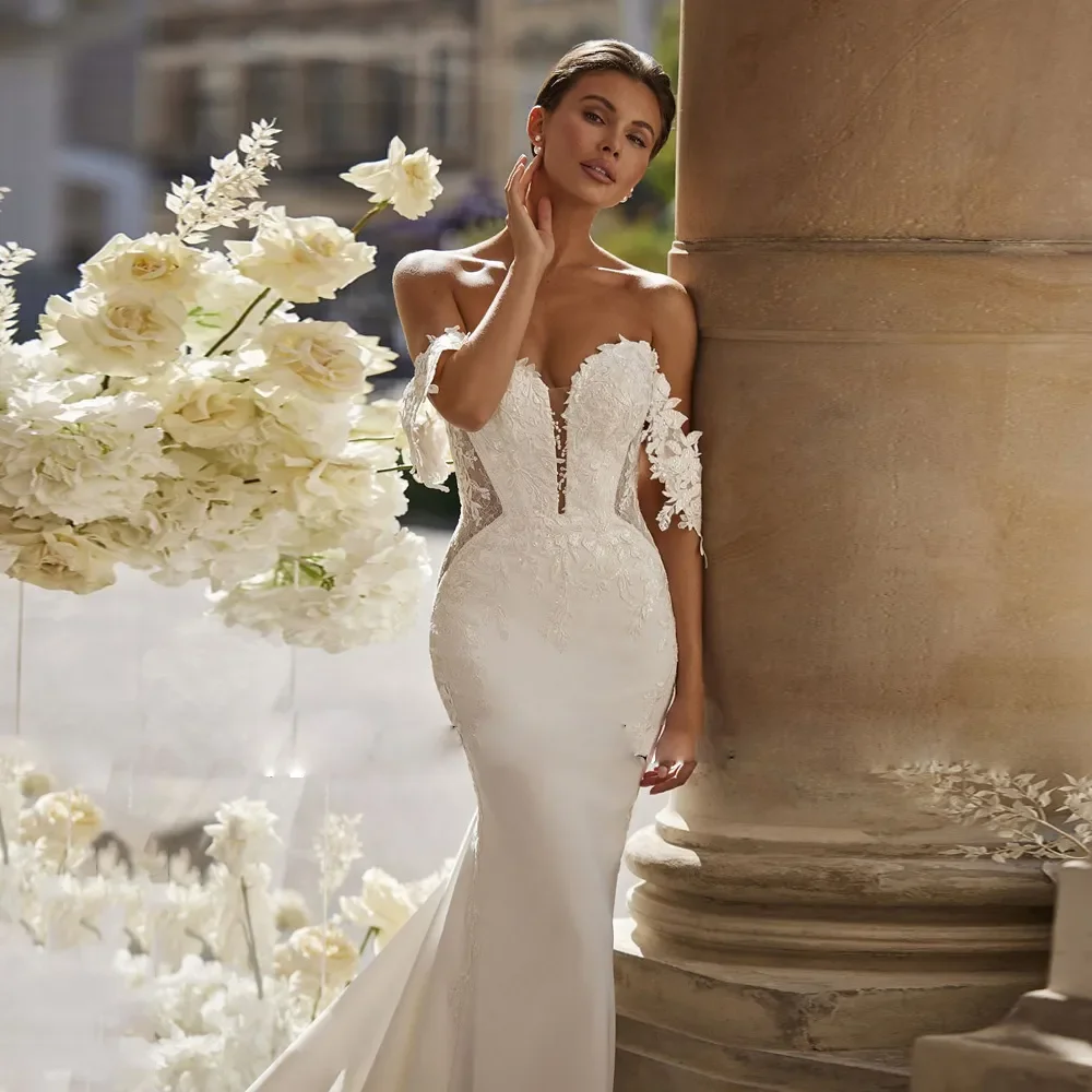 Robe de Mariée de Luxe Délicate, avec Traîne de Balayage, Sirène, Sexy, Col Licou, Manchette de Rotateur, Illusion, Dentelle Appliquée, Personnalisée, 2024