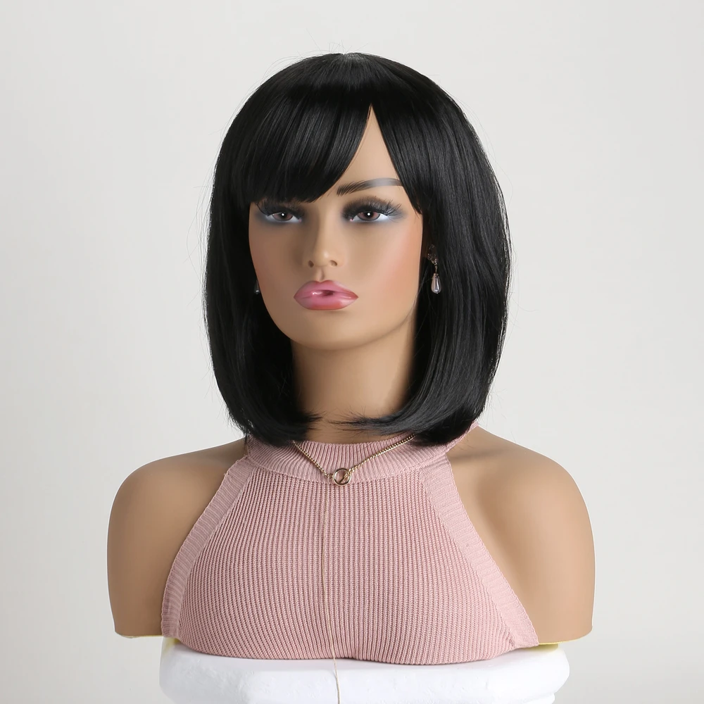 Short Straight Bob Wigs with Bangs Black Synthetic Straight Wigs Full Head Hair Neat Bangs Wigs Natural Looking for Daily Party