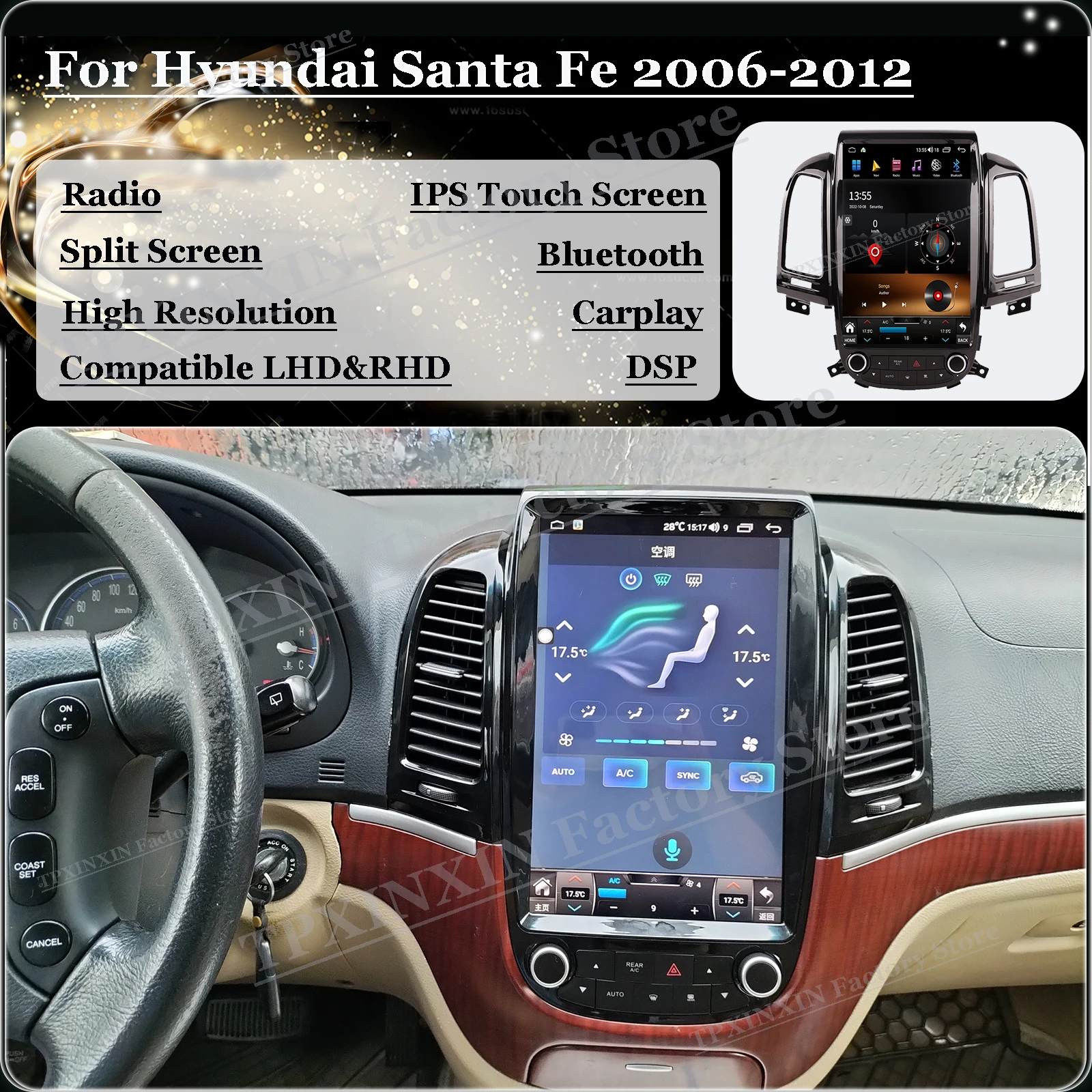 

Радио Coche с Android Auto для Hyundai Santa Fe 2006 2007 2008 2009 2010 2011 2012, автомобильный GPS-навигатор, автомобильная мультимедиа