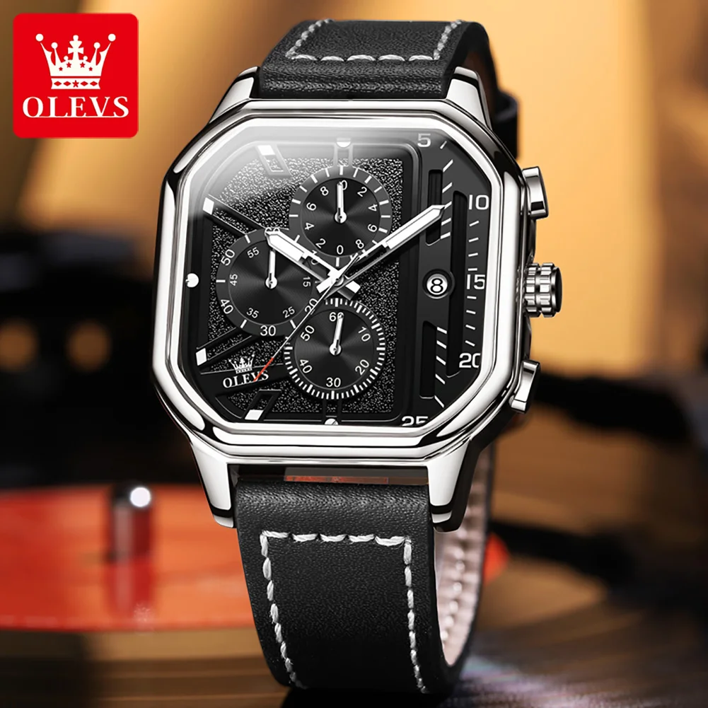OLEVS 9950 Mens Watch Original Brand Square Quartz Wristwatch Waterproof Leather Strap Multifunctional Chronograph Watch For Men