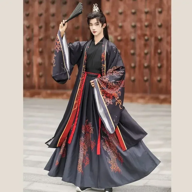 Costume Hanfu chinois pour hommes, Halloween, carnaval, cosplay, tenue de fête, robe imprimée Prairie, rouge et noir, grande taille, 3XL