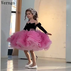 Verngo Pink Tulle Girl Flower Dress Off The Shoulder Pleat A Line Puffy Kid Gowns Celebrity Wedding Party Dresses Customized