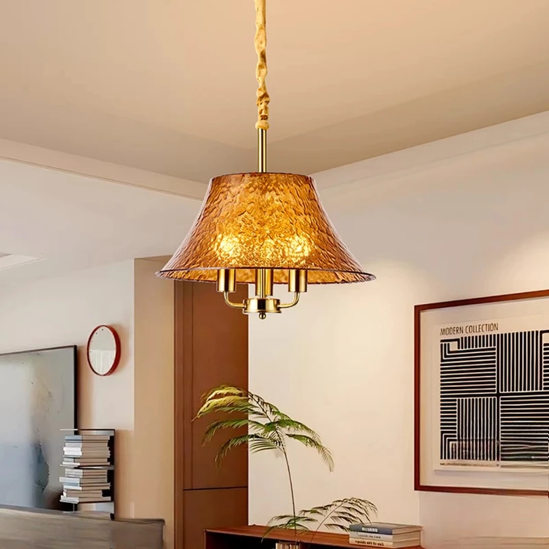 

French Luxury Water Pattern Glass Pendant Light LED Dining Room Bar Counter Entrance Bedroom Bedside American Retro Hanging Lamp
