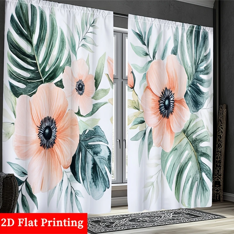 Large Tropical Floral Leaf Print Curtain Boho Window Drapes Green Botanical Poppy Curtain Panels for Home Decor