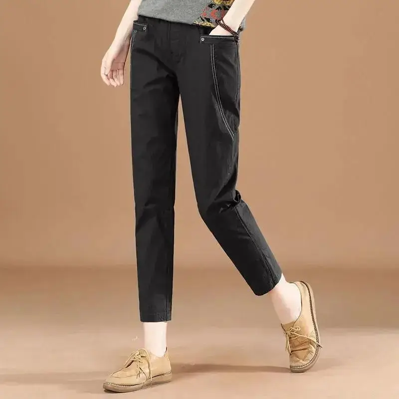 Pantalones informales con bolsillos elásticos para mujer, pantalón corto de cintura alta, holgado, combina con todo, Color sólido, a la moda, otoño, 2024