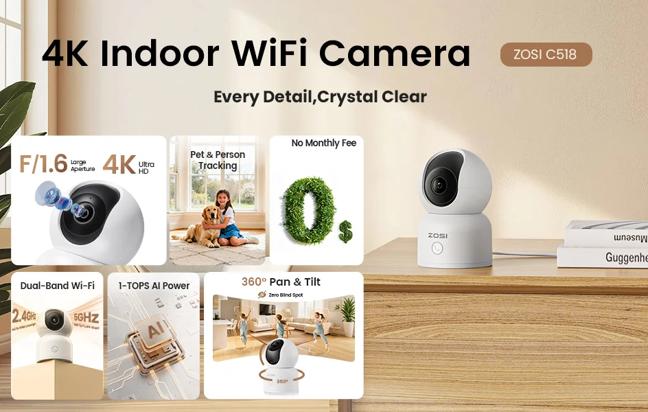 ZOSI C518 Indoor Pan/Tilt Smart Security IP Camera 2K/4K 360° Baby Pet Monitor AI Human Tracking 2.4G/5G WiFi Surveillance Cam
