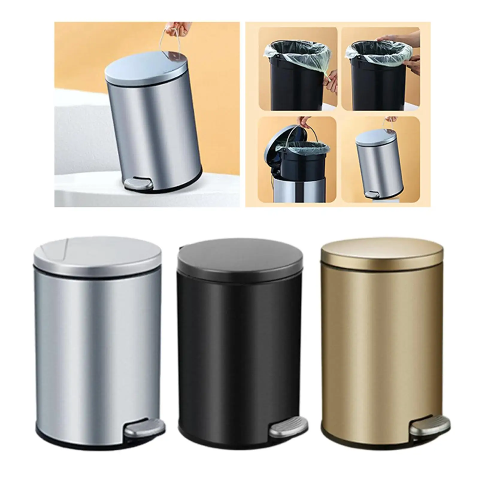 Step Trash Can Soft Close Lid & Step Foot Pedal Paper Bins Rust Proof 6L Foot Pedal Garbage Bin for Kitchen Hotel, Office Home