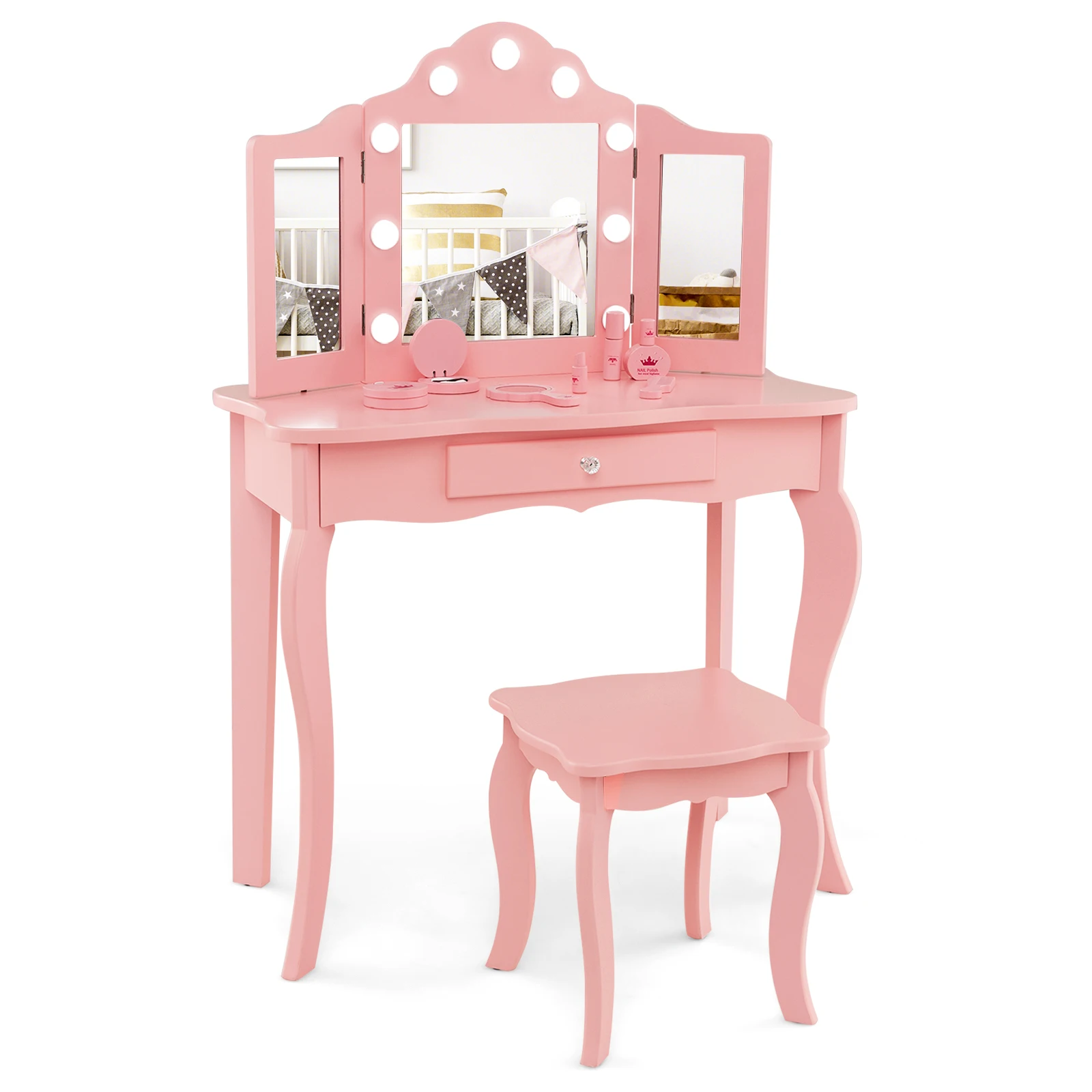 Kid Vanity Table Stool Set Tri-Folding Mirror Adjustable 3-Color LED Lights Pink