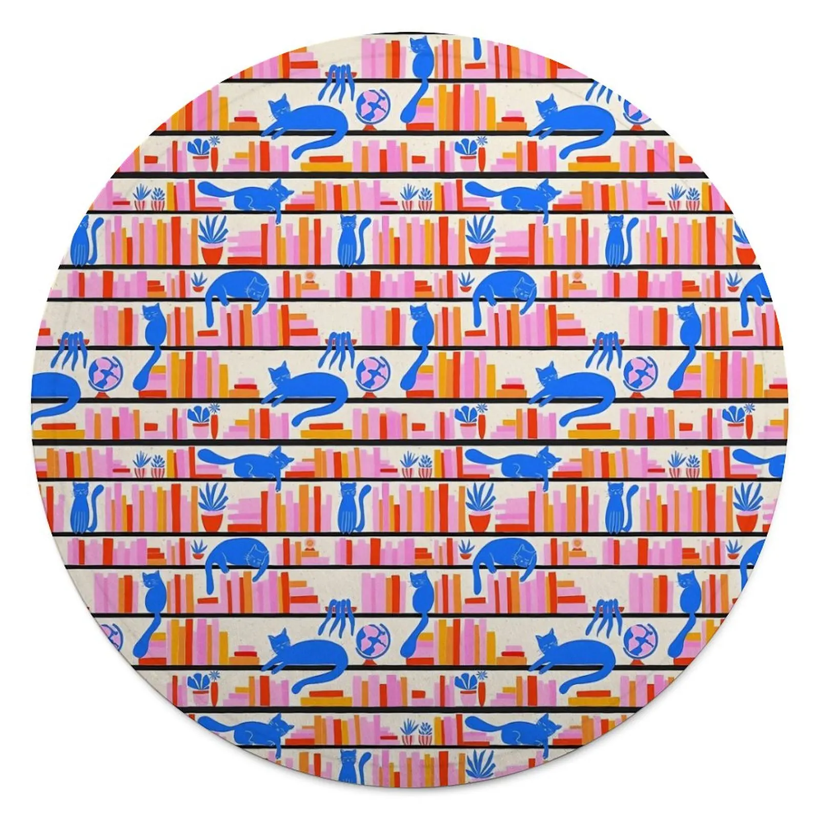 

Library Cats Round Blankets Blue Cats Travelling Flannel Throw Blanket Warm Soft Couch Chair Custom Bedspread Gift