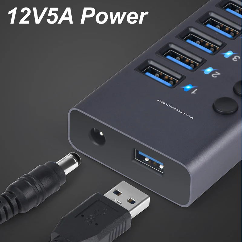 10 Ports USB 3.0 HUB Charging 5Gbps Data Transfer External Splitter Docking Station AC Power 12V 5A 60W LED Light Switch Convert