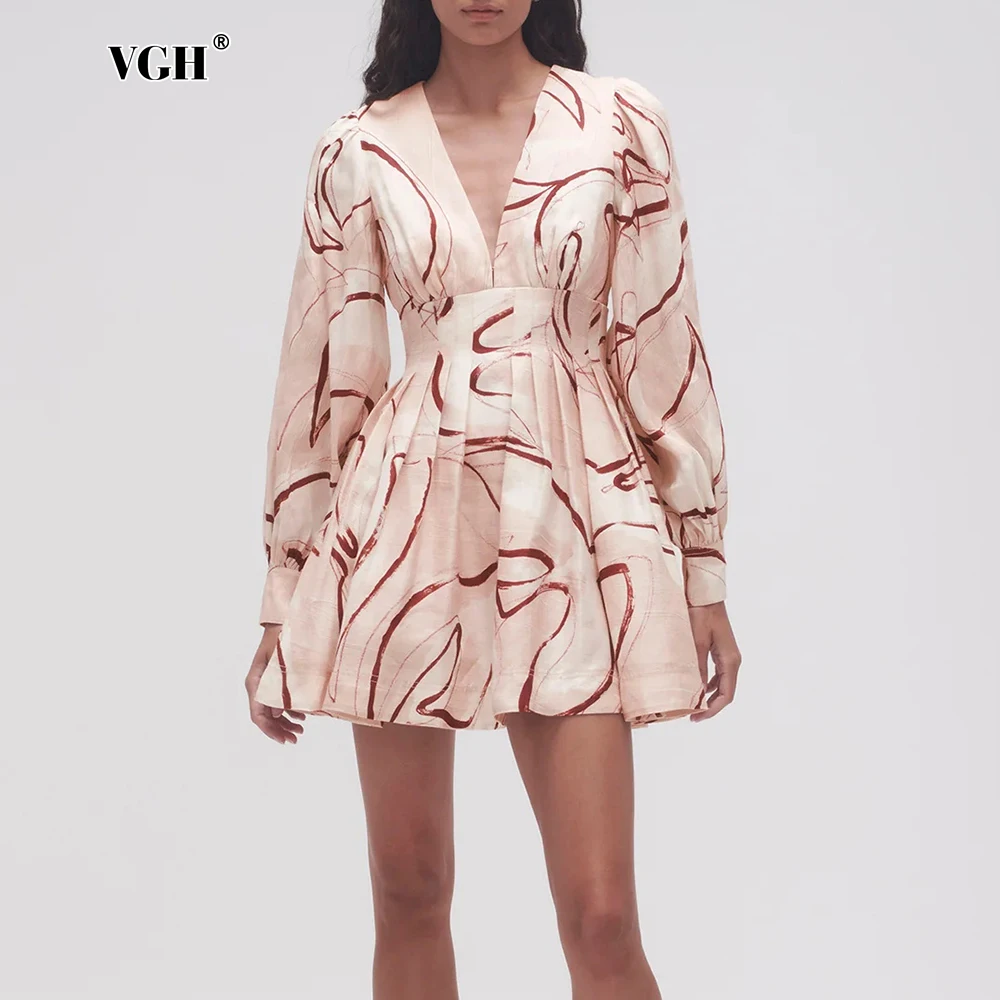

VGH Colorblock Sweet Autumn Short Dress for Women V Neck Long Sleeve Highwaist Folds Casual Fashion Style Printed Dresses Female