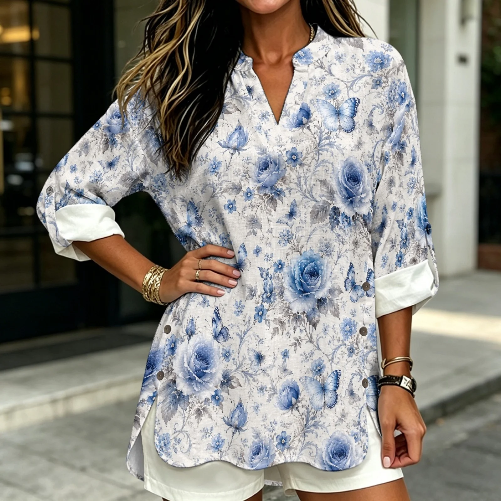 PENSTROLL Blue Floral Butterfly Linen-Like Casual Loose Fit Blouses Roll Up Sleeve Long Sleeve Shirts for Women Sizes S-5XL