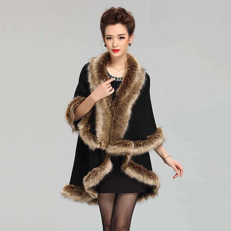 

Fashion Double Layers Knit Acrylic Faux Raccoon Fur Cape Coat Full Trim Autumn Winter Women Overcoat Cloak